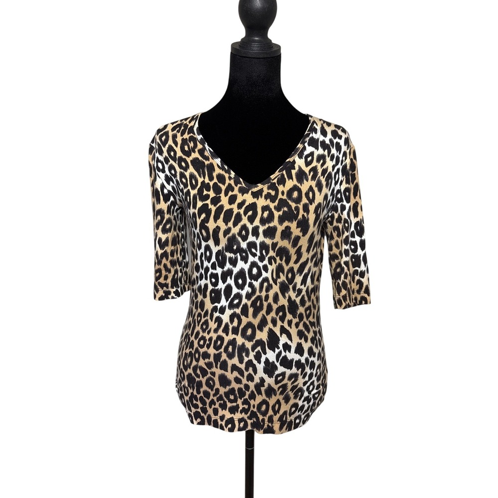 St. John Boutiques Leopard Print‎ V-Neck Top Elbow Sleeve Tan Black Small